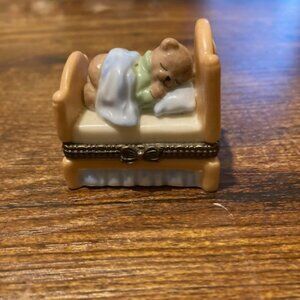 Avon Trinket box with sleeping baby bear in bed